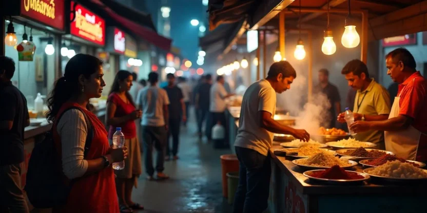 Tourist choosing hot street food at a clean Indian market stall, holding sealed bottled water and observing food hygiene.