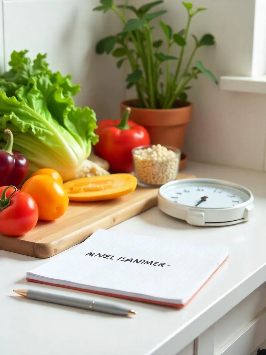 Healthy meal prep with fresh vegetables and tracking tools for safe weight loss.