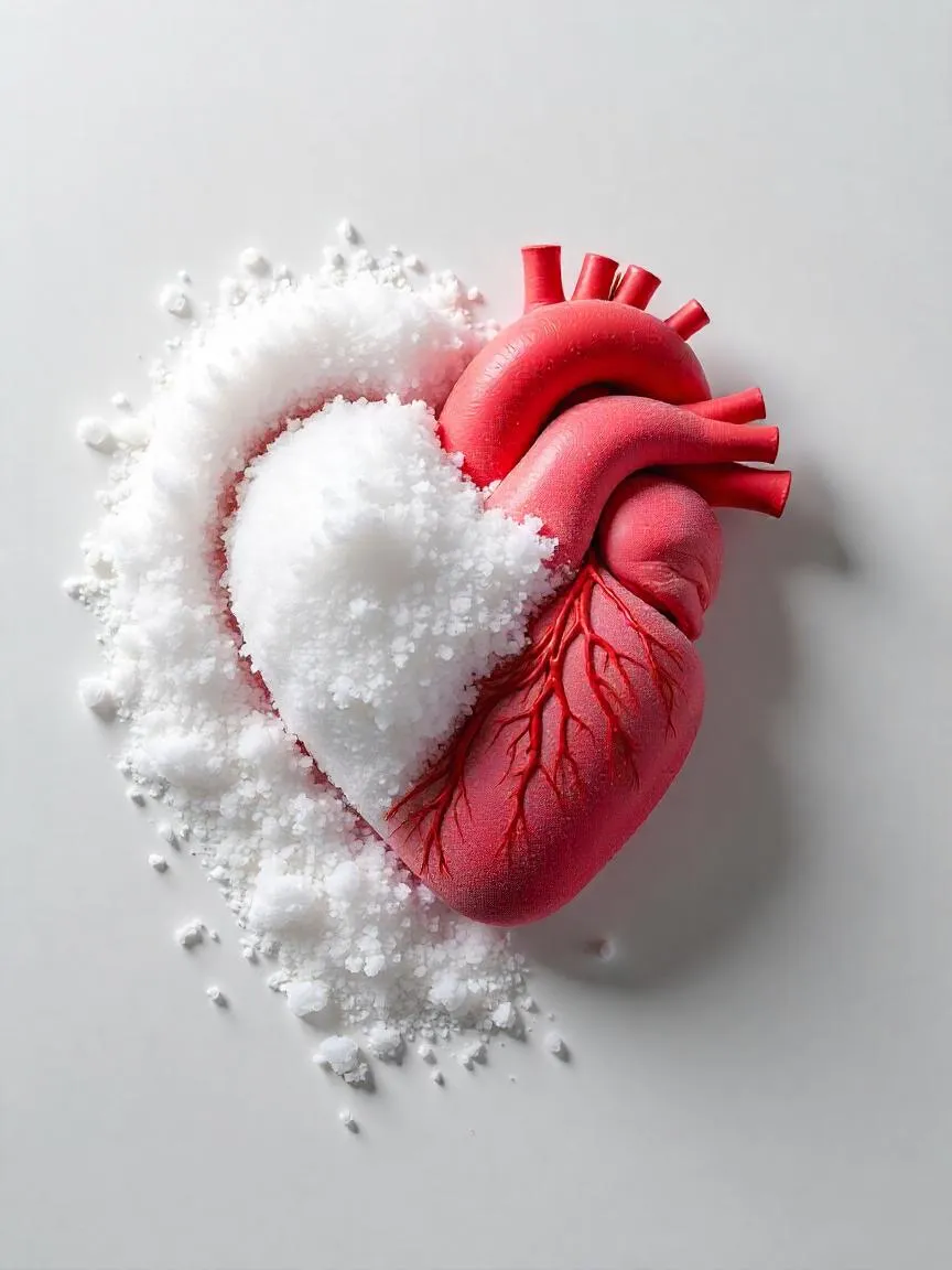 A realistic heart partially surrounded by salt crystals with a blood pressure monitor, symbolizing the link between salt and heart health. 