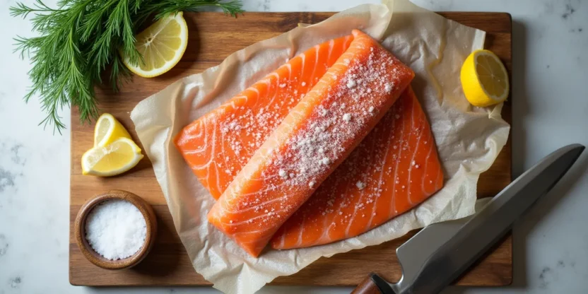 Salted salmon fillet on a wooden board with dill, lemon slices, and salt, partially unwrapped and ready for slicing.