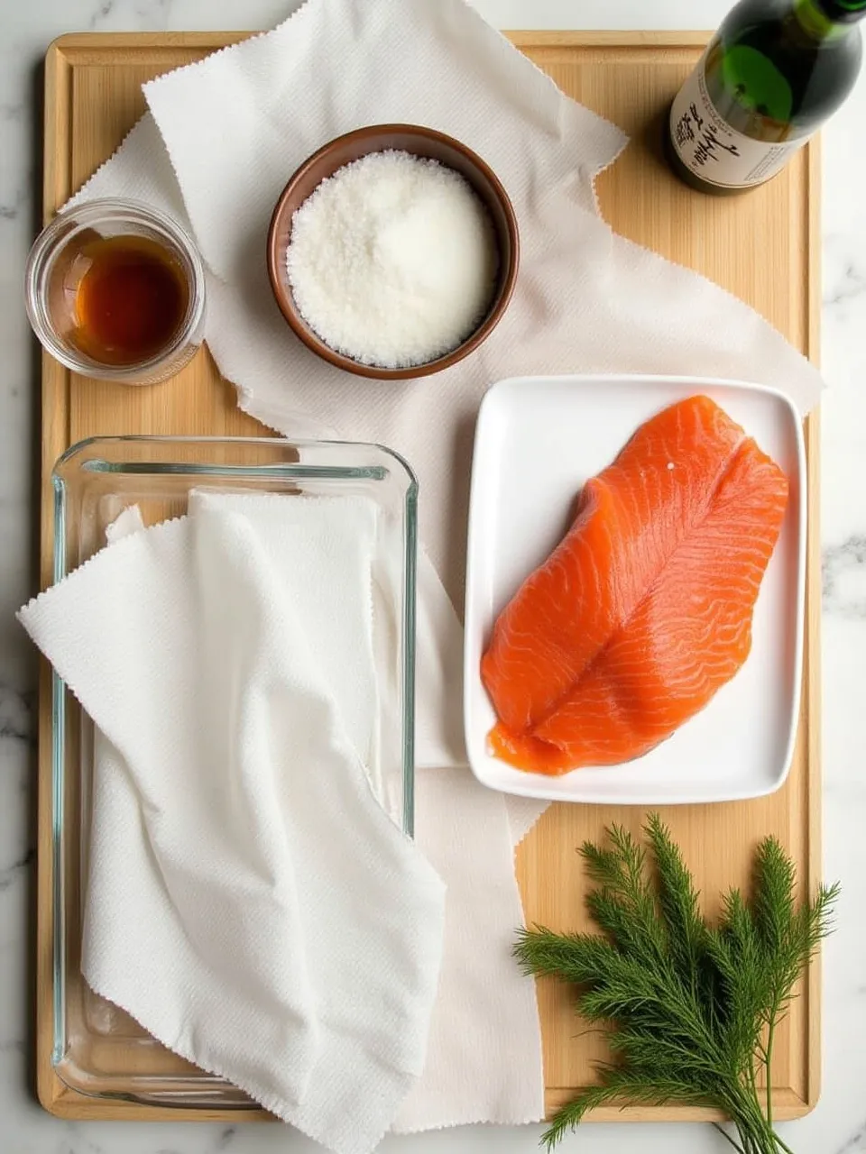 Salmon fillet with bowls of coarse salt, sugar, paper towels, and curing tray, arranged on a kitchen surface for homemade salting preparation.