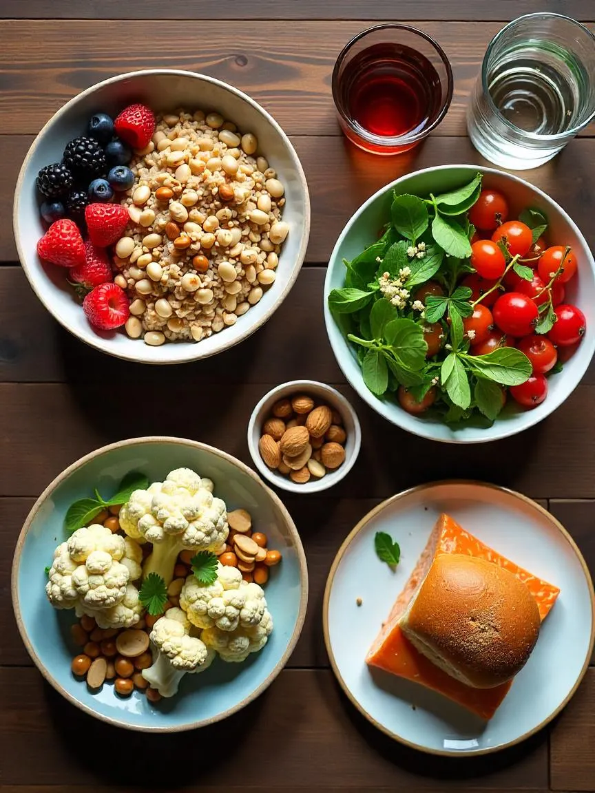A full day's MIND diet meal plan including oatmeal with berries, bean and rice salad bowl, salmon with vegetables, and healthy snacks on a wooden table
