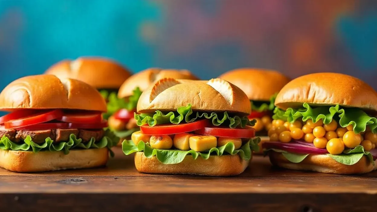 Assortment of colorful gourmet sandwiches with different breads and fillings, styled on a rustic wooden table.