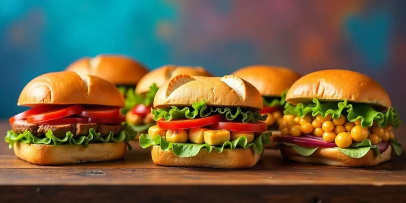Assortment of colorful gourmet sandwiches with different breads and fillings, styled on a rustic wooden table.