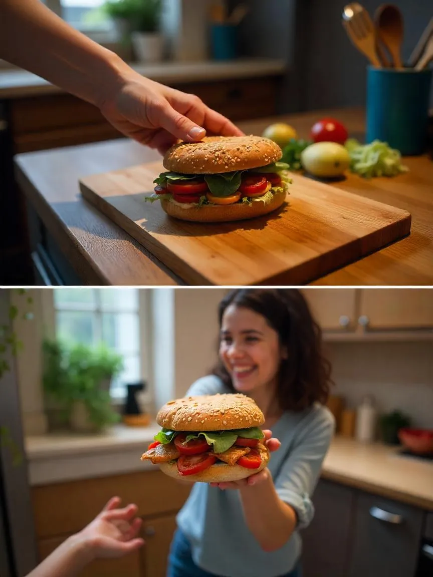 Two-image collage: One of a person assembling a sandwich in a cozy kitchen, the other of someone dancing barefoot with a half-eaten sandwich in hand.