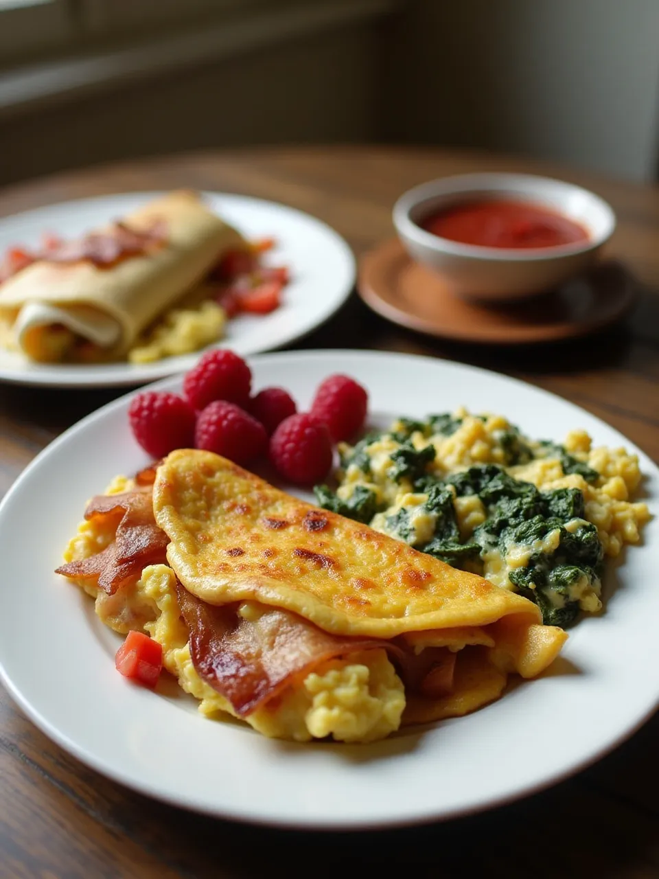 Savory breakfast options including a bacon and tomato burrito, spinach egg scramble with raspberries, and a bell pepper cheese omelet.
