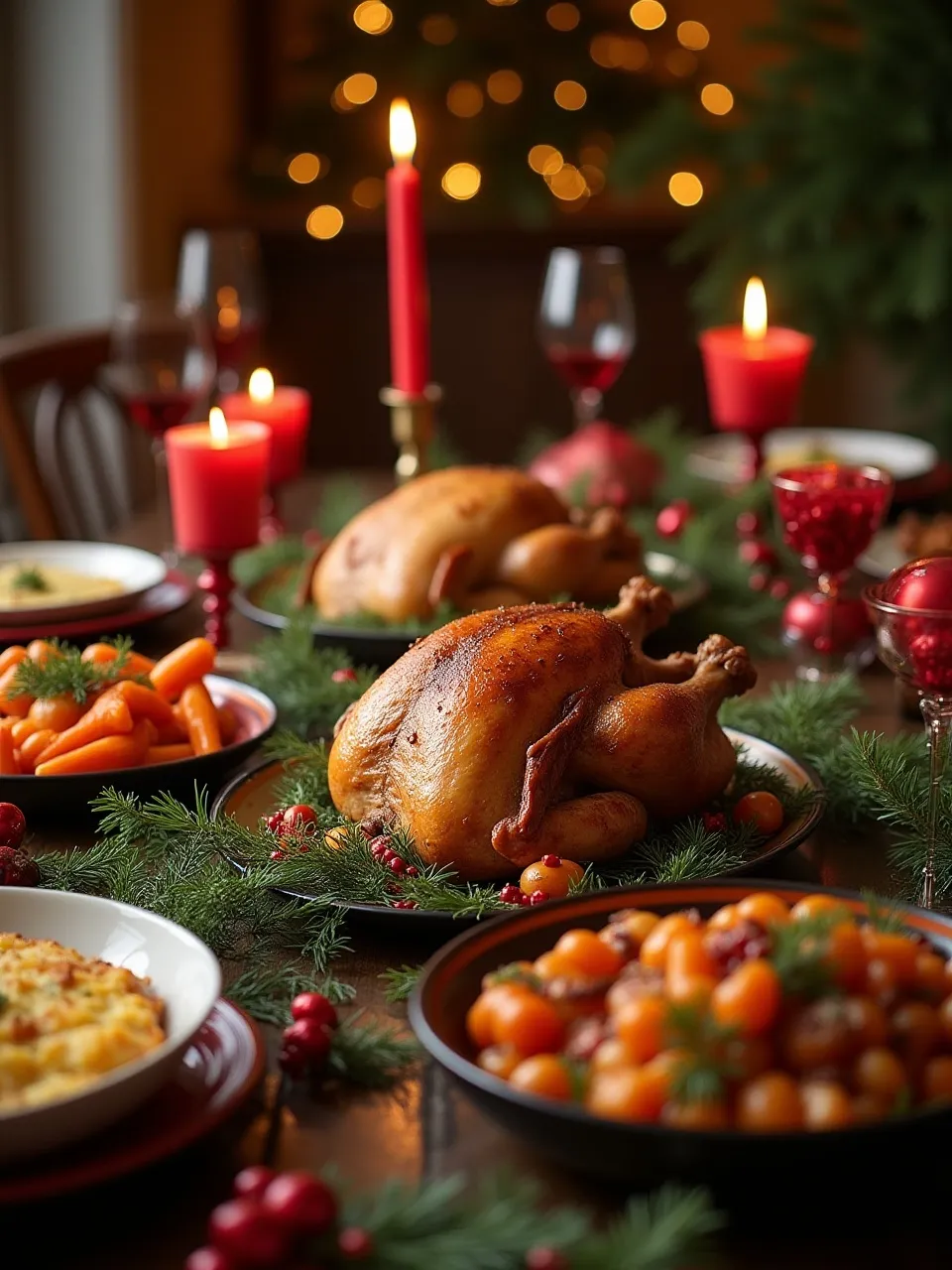 Christmas feast with roast turkey, glazed ham, prime rib, roasted vegetables, and potato gratin on a festive holiday table.