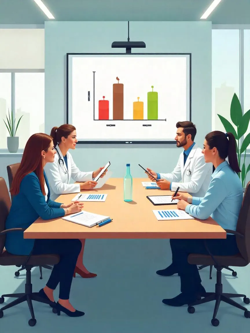 A group of scientists analyzing data and discussing health effects of low-calorie sweeteners in a research setting.