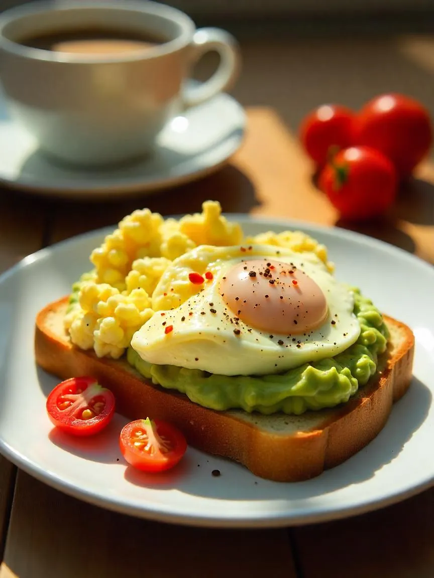 Avocado toast topped with scrambled eggs and seasoning, served on rustic bread with cherry tomatoes and a warm morning light in the background.
