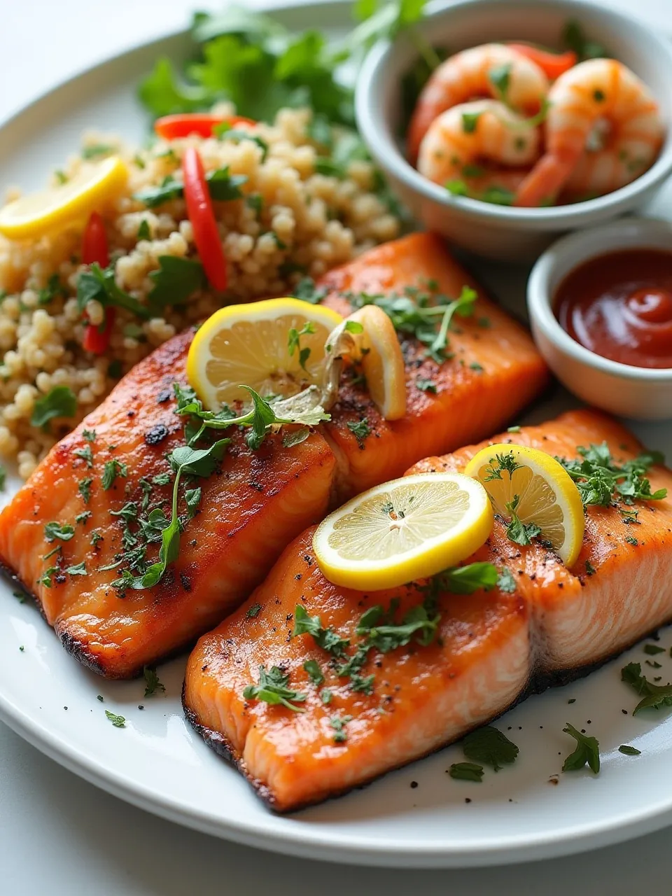Seafood dishes including grilled salmon with herbs, shrimp stir-fry with vegetables, and quinoa salad on a bright, healthy table.