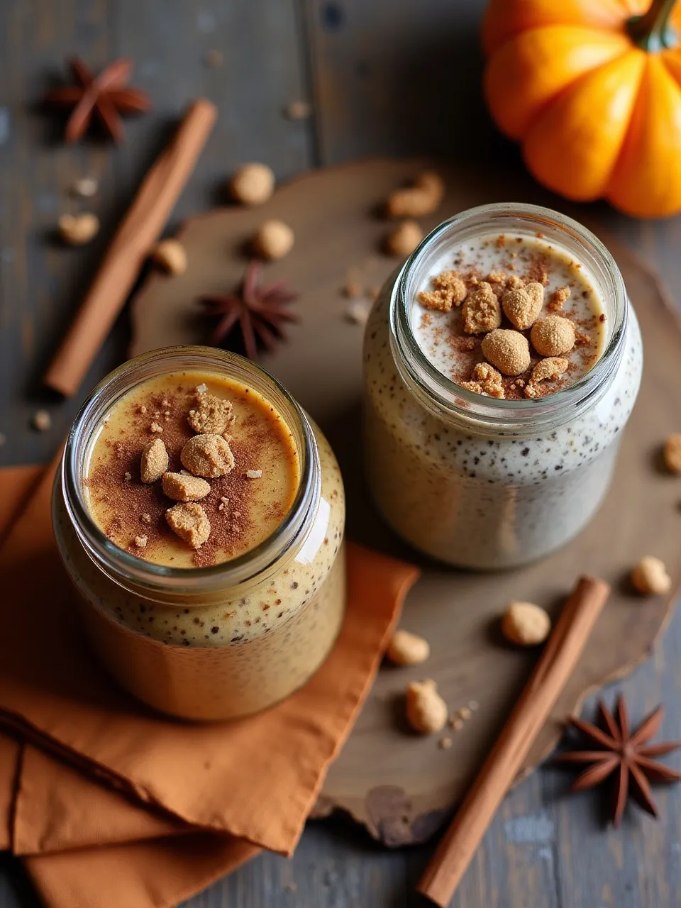 Pumpkin spice and gingerbread chia pudding jars topped with seasonal spices and garnishes on a rustic wooden surface.