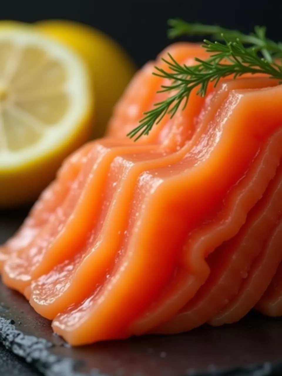 Thinly sliced high-quality cold-smoked salmon with dill and lemon on a serving board.