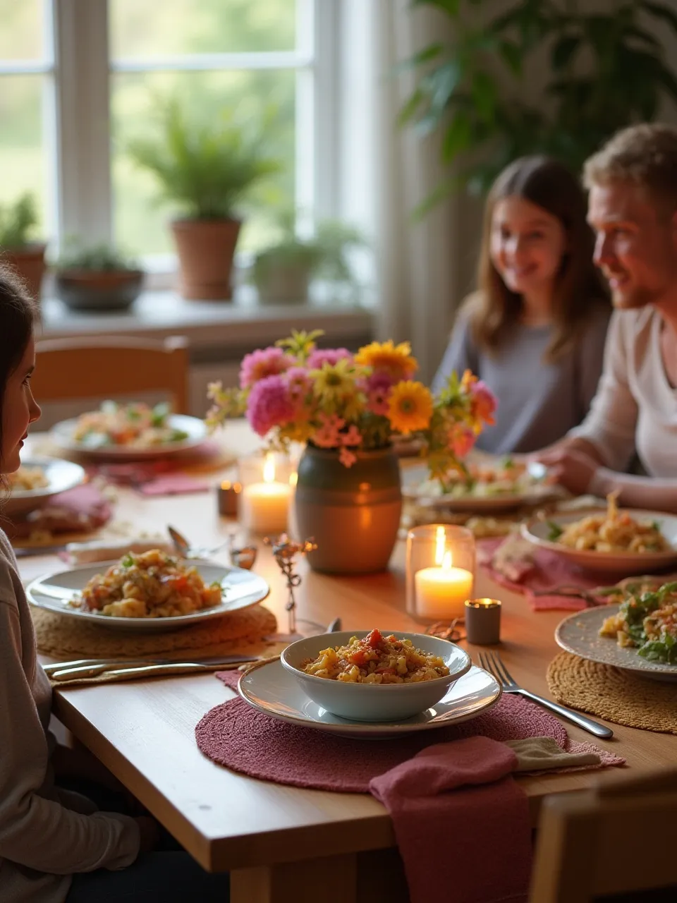 Beautifully set family dining table with cozy décor, fresh flowers, and family-style dishes ready for a shared weekend meal.