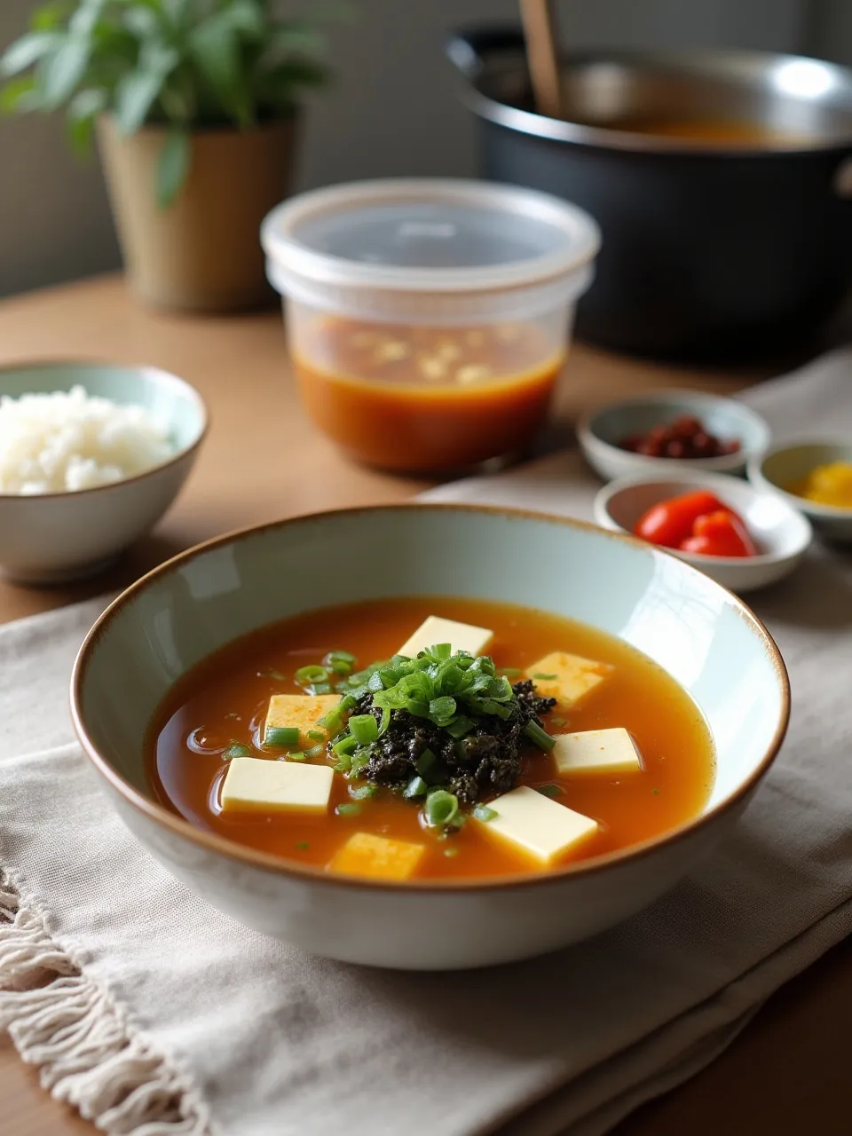 Miso soup served with rice and pickles, with extra soup stored in a glass container and a pot of soup on the stove for reheating.