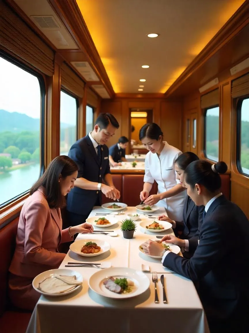 Elegant dining car on Japan’s Seven Stars Kyushu train, with panoramic windows and beautifully presented Japanese cuisine.