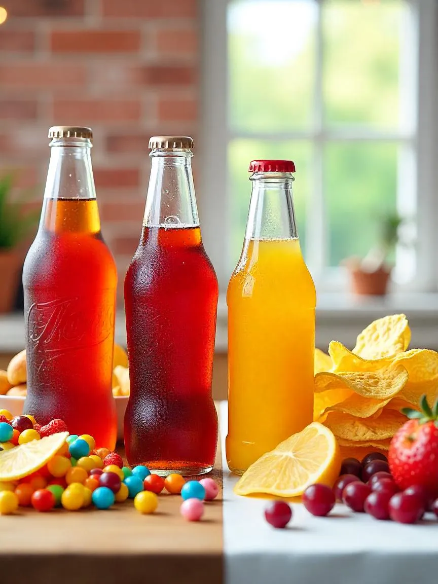 Side-by-side comparison of sugary drinks and junk food versus healthy snacks and water.