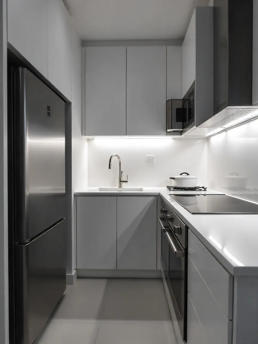 Compact kitchen with space-saving appliances including a slim refrigerator, built-in microwave, and induction cooktop.