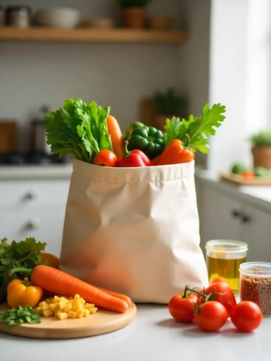 Reusable grocery bag with fresh produce, pantry staples, and prepped ingredients on a tidy kitchen counter. 