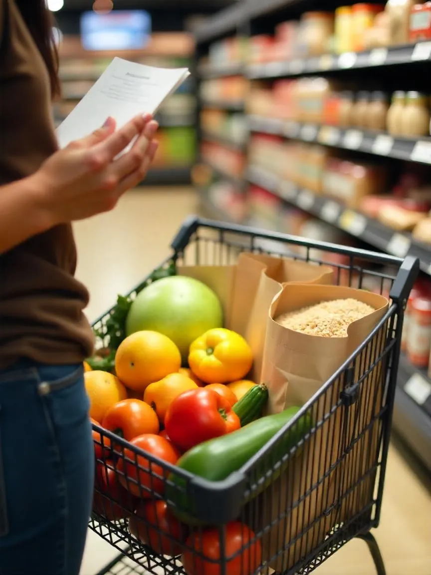 A person grocery shopping with an organized list and a cart filled with fresh produce, grains, and pantry staples for batch cooking.