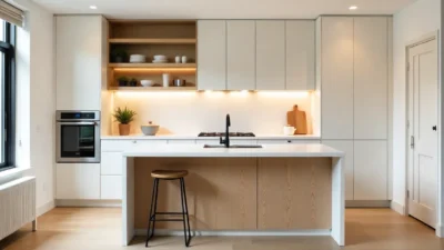 Modern kitchen with open shelving, ceiling-height cabinets, and a multi-functional island showcasing smart space-saving design.