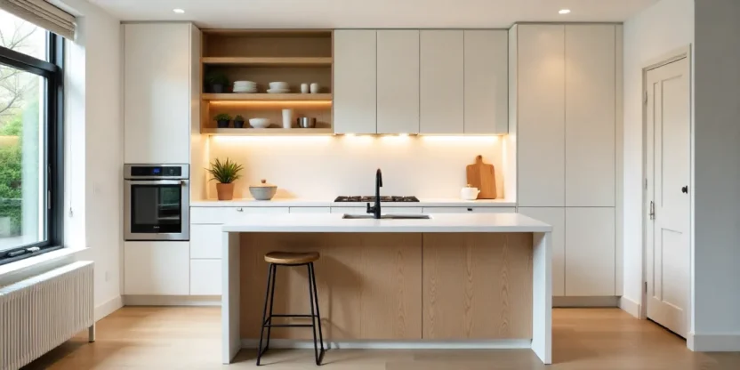 Modern kitchen with open shelving, ceiling-height cabinets, and a multi-functional island showcasing smart space-saving design.
