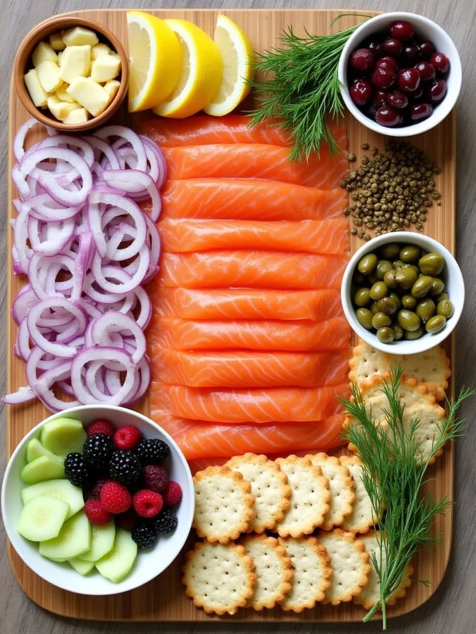 Smoked salmon board with fresh garnishes like dill, red onions, capers, lemon, cucumbers, and colorful berries.