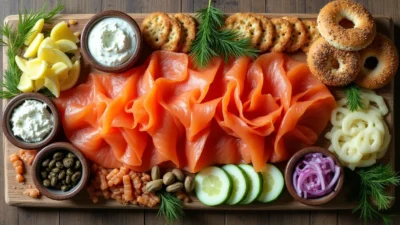 Top-down view of a smoked salmon board with cream cheese, crackers, veggies, and garnishes arranged beautifully on a rustic wooden table.