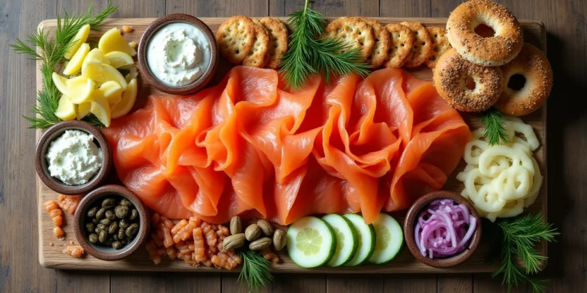 Top-down view of a smoked salmon board with cream cheese, crackers, veggies, and garnishes arranged beautifully on a rustic wooden table.