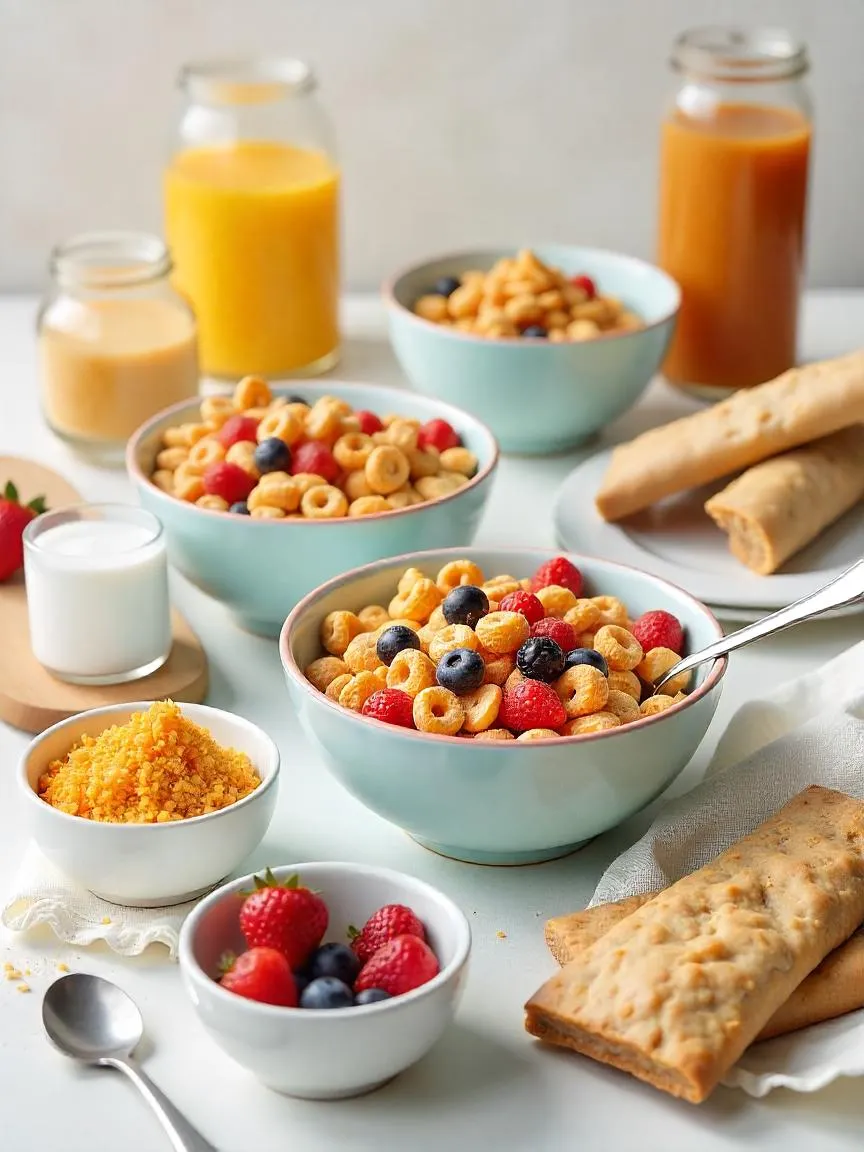 Sugary breakfast items like cereal, granola bars, and flavored yogurt shown with a spoonful of sugar to highlight hidden sugar content.