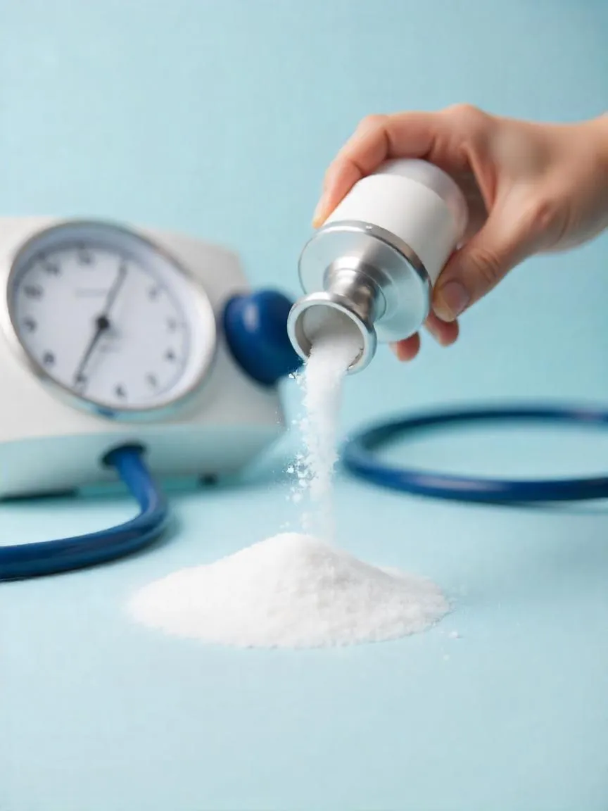 A salt shaker spilling salt onto a stethoscope, symbolizing the health risks of high sodium intake, with a faint heart monitor line in the background. 