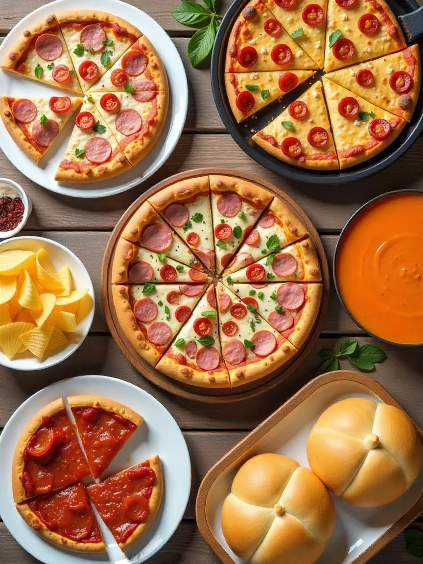 A table full of high-sodium foods like pizza, deli meats, canned soup, bread, cheese, and chips, representing major sources of sodium in the diet. 
