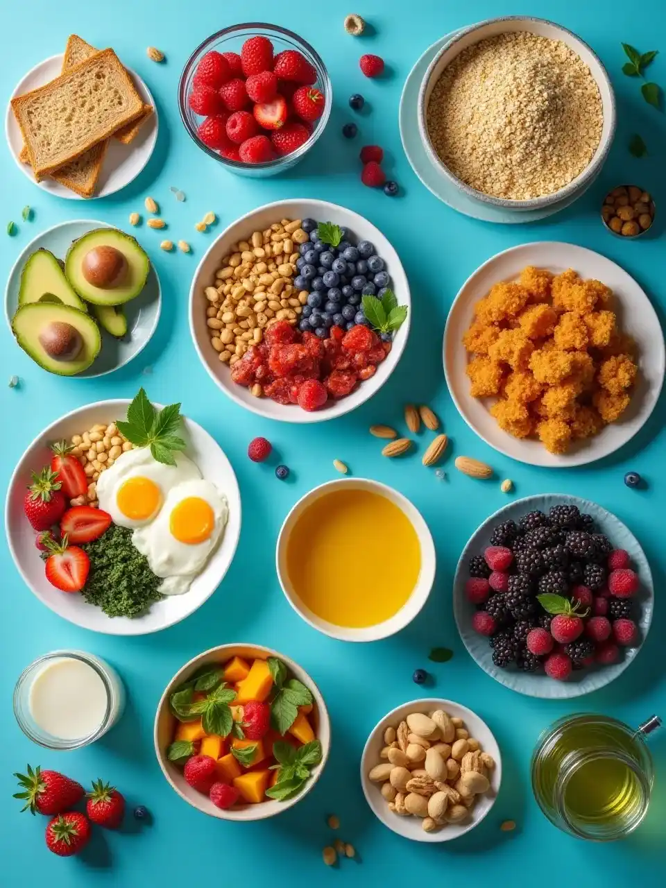 Collage of breakfast foods: oats, toast, quinoa, eggs, yogurt, tofu, beans, avocado, nuts, seeds, fruits, veggies, and spices.