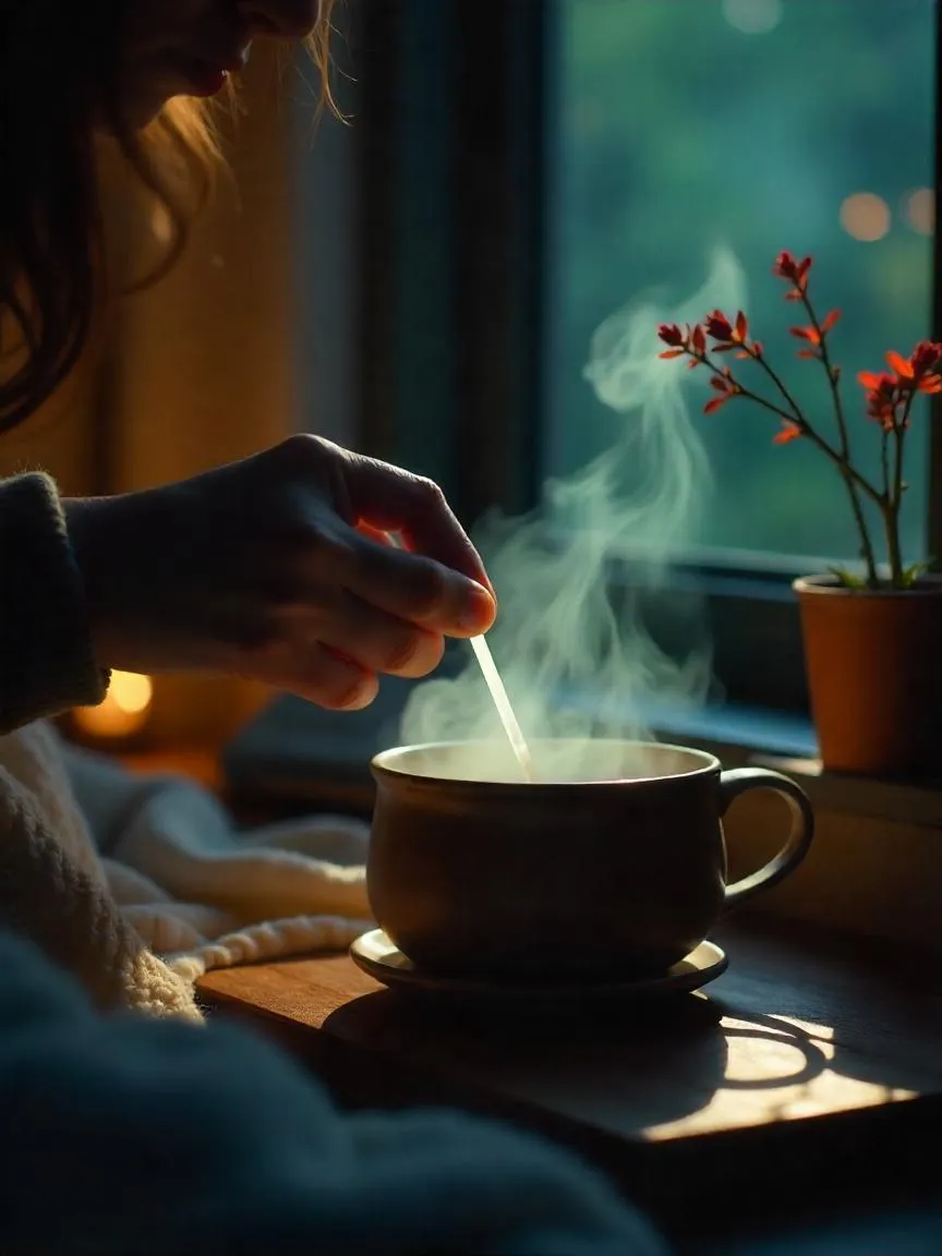 A warm and inviting scene showcasing a steaming cup of chamomile tea with delicate chamomile flowers scattered around.