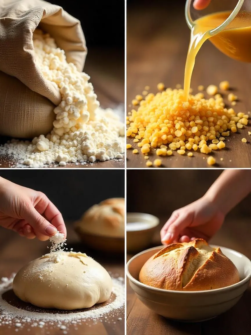 Collage of bread ingredients and dough: flour, yeast, water, salt, and hands kneading dough with a rising rustic loaf.