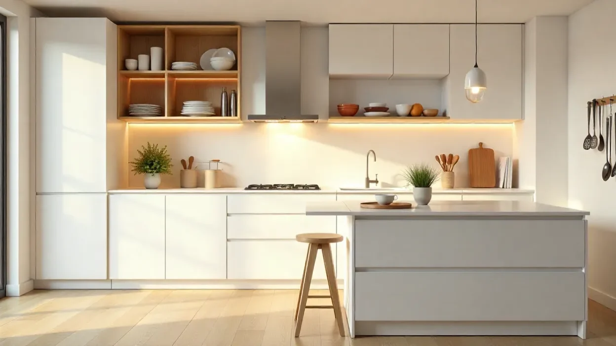 Modern kitchen with open shelving, ceiling-high cabinets, a functional island, and pull-out pantry showcasing smart space-saving design ideas.