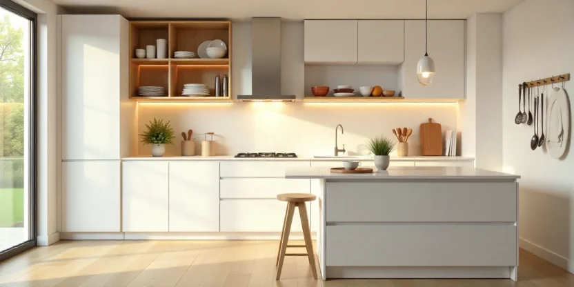 Modern kitchen with open shelving, ceiling-high cabinets, a functional island, and pull-out pantry showcasing smart space-saving design ideas.