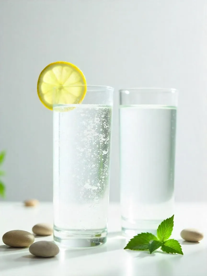 A glass of sparkling water with lemon beside a plain glass of water, representing a healthy comparison between carbonated and still beverages.
