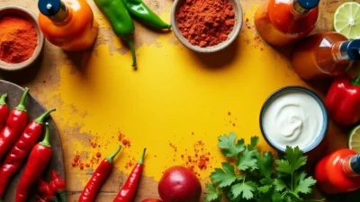 Assorted spicy ingredients including chili peppers, cayenne powder, paprika, and hot sauce on a rustic kitchen table with herbs and lime