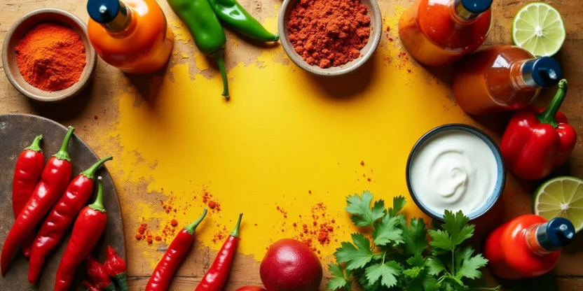 Assorted spicy ingredients including chili peppers, cayenne powder, paprika, and hot sauce on a rustic kitchen table with herbs and lime
