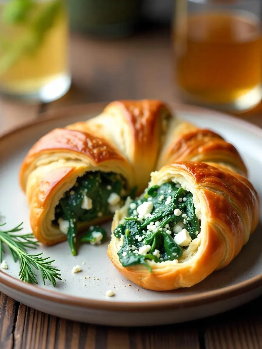 A spinach and feta croissant with a golden crust, cut open to show the savory green and white filling, served with fresh herbs and a drink.