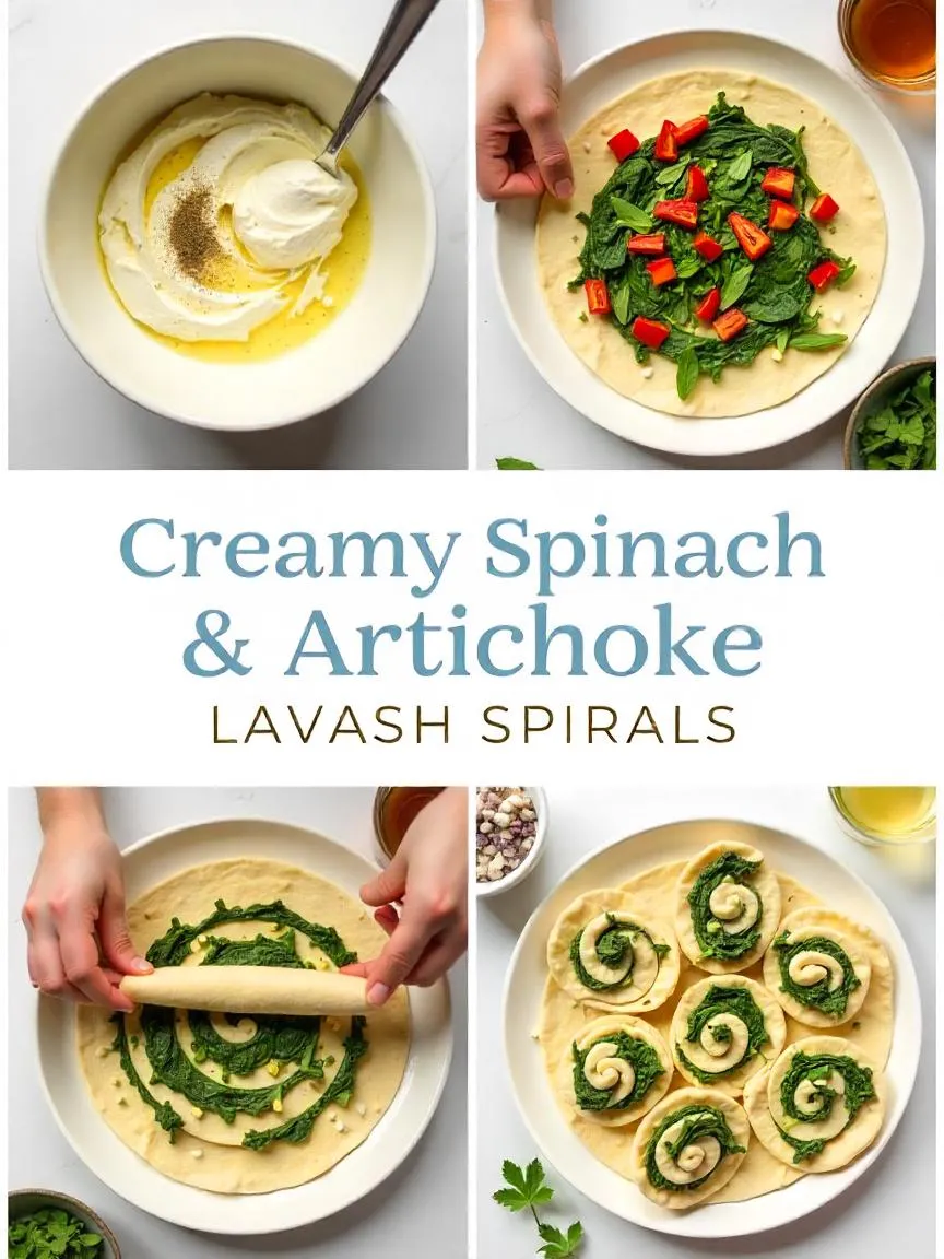 Collage showing steps for making spinach and artichoke lavash spirals, from mixing creamy filling to slicing the chilled roll into elegant pinwheels.