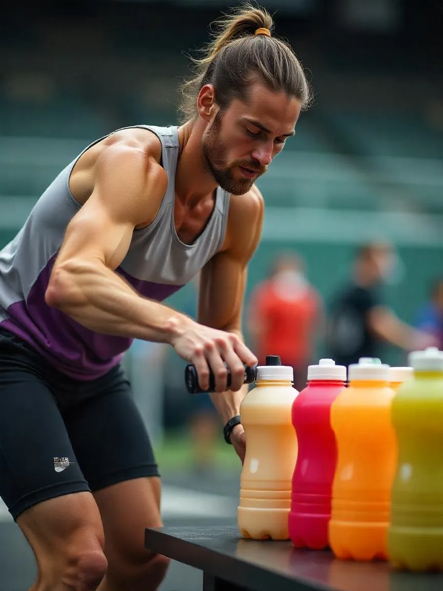 Athlete choosing a sports drink after an intense workout, with various colorful bottles nearby.
