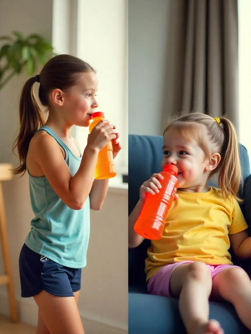 A visual comparison of sports drink use—by an athlete during exercise and a child casually drinking it at home.