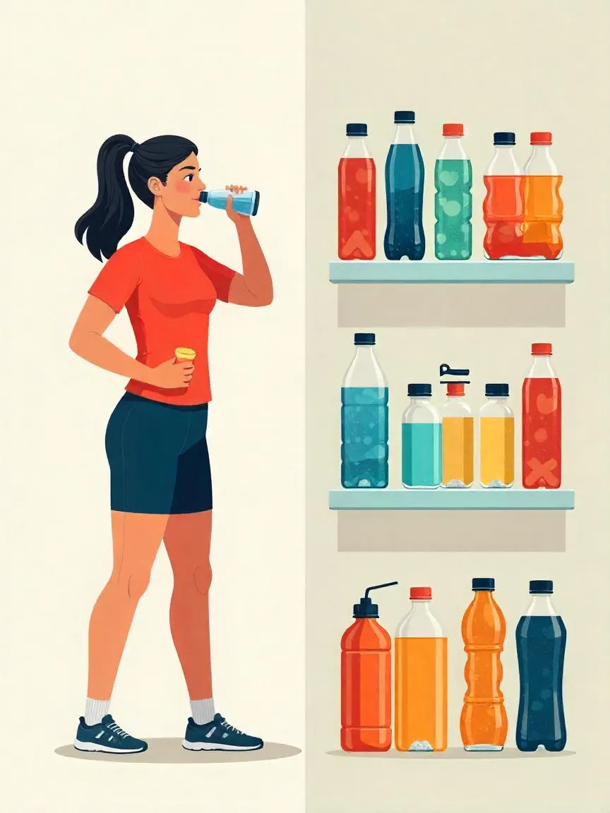 Comparison of water, sports drinks, and energy drinks with a person hydrating after exercise.