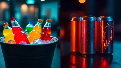 Split view of colorful sports drinks in a gym and intense energy drink cans in a dark urban setting, symbolizing hydration vs. stimulation.