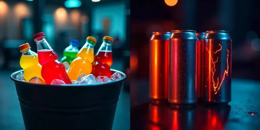 Split view of colorful sports drinks in a gym and intense energy drink cans in a dark urban setting, symbolizing hydration vs. stimulation.