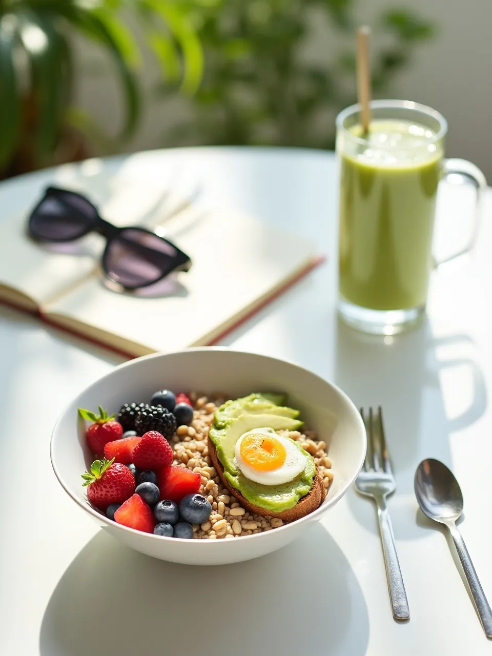 Healthy breakfast setup with oatmeal, avocado toast with egg, smoothie, and green tea for an energized start to the day.