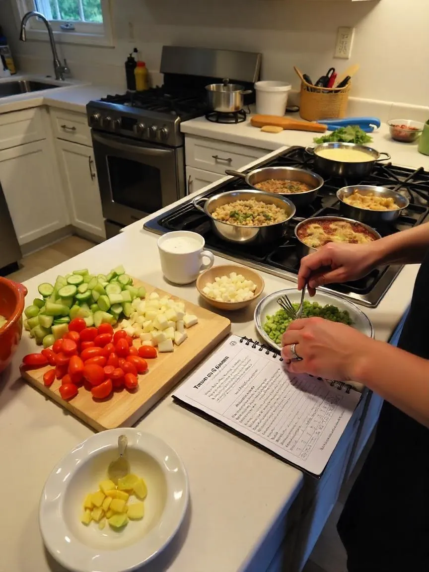 A kitchen in action with batch cooking in progress—chopped ingredients, multiple dishes cooking at once, and a checklist guiding the process.