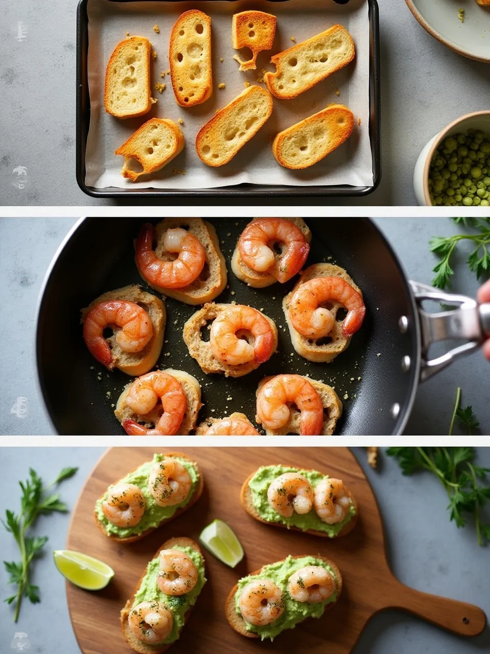 Three stages of garlic shrimp crostini preparation: toasting bread, cooking shrimp with garlic, and assembling with avocado spread.