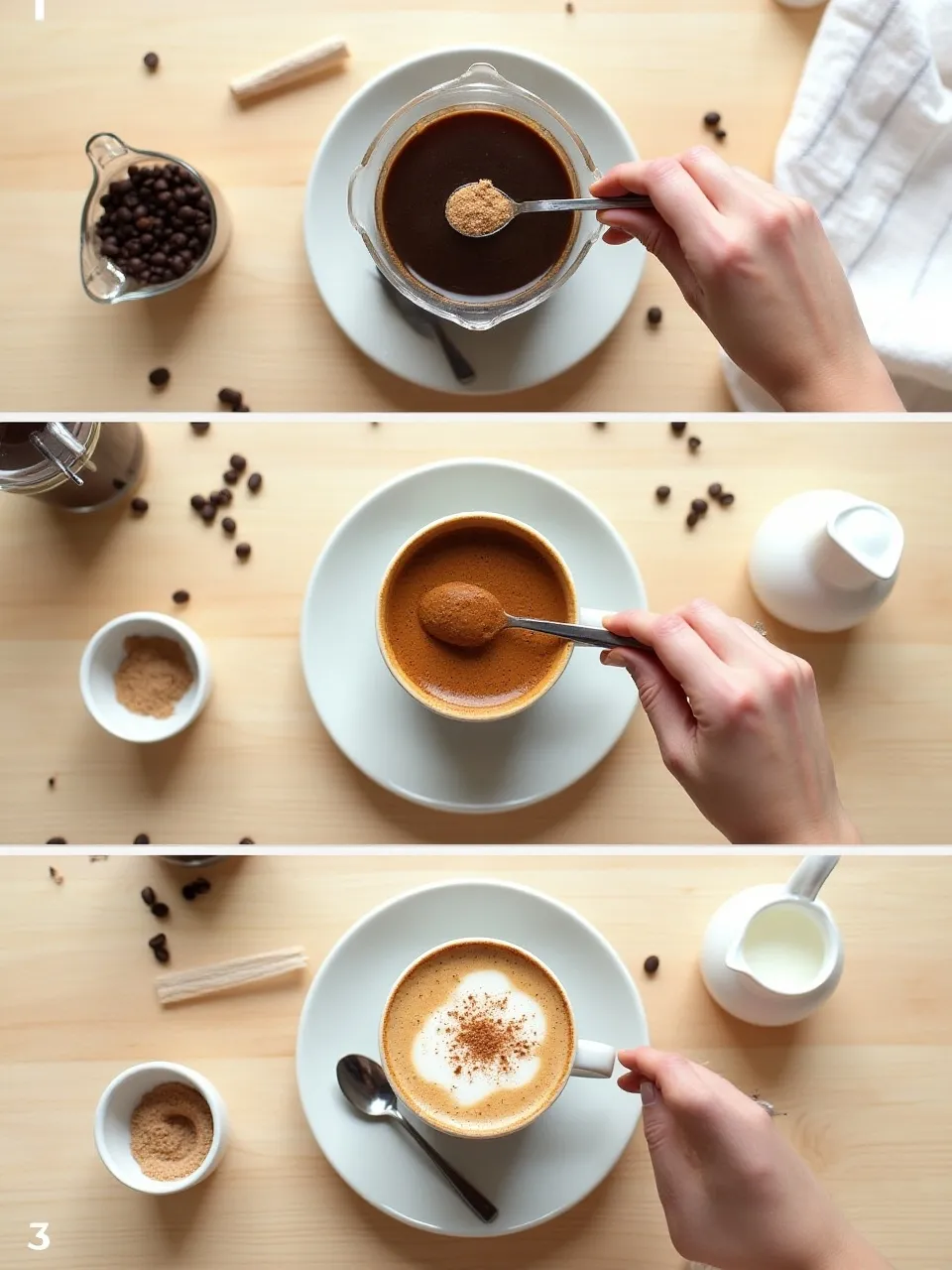 Step-by-step process of making mushroom coffee: brewing coffee, adding mushroom powder, and serving in a cup.